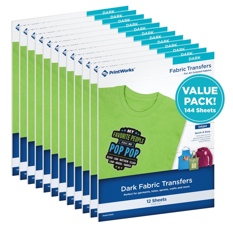 PrintWorks Iron on Heat Transfer Paper for Inkjet Printer - Printable Heat Transfer Vinyl for Dark Fabric (Printable HTV) - 8.5" x 11" - 144 Sheets - Made in The USA - Iron on Vinyl (00531C) - Image 1
